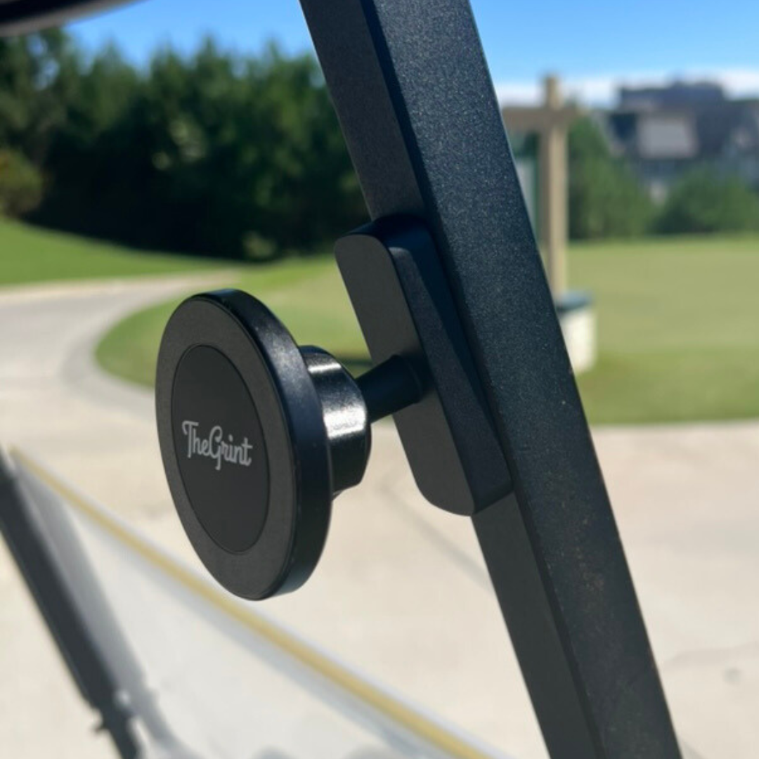 TheGrint phone mount attached to a golf cart frame