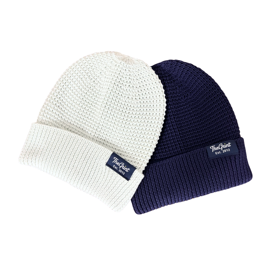White and navy TheGrint Players knit beanies