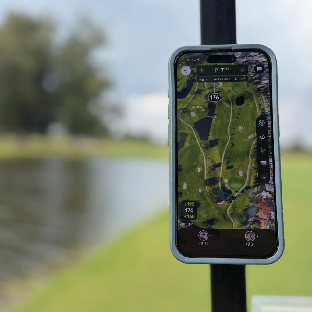 Phone showing TheGrint GPS on the golf cart mount