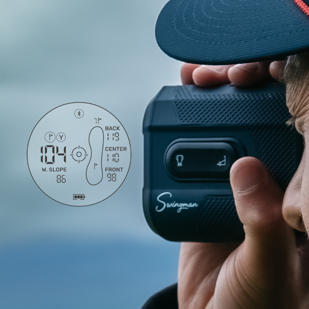 Golfer using the Swingman rangefinder, with the in-lens green distances shown
