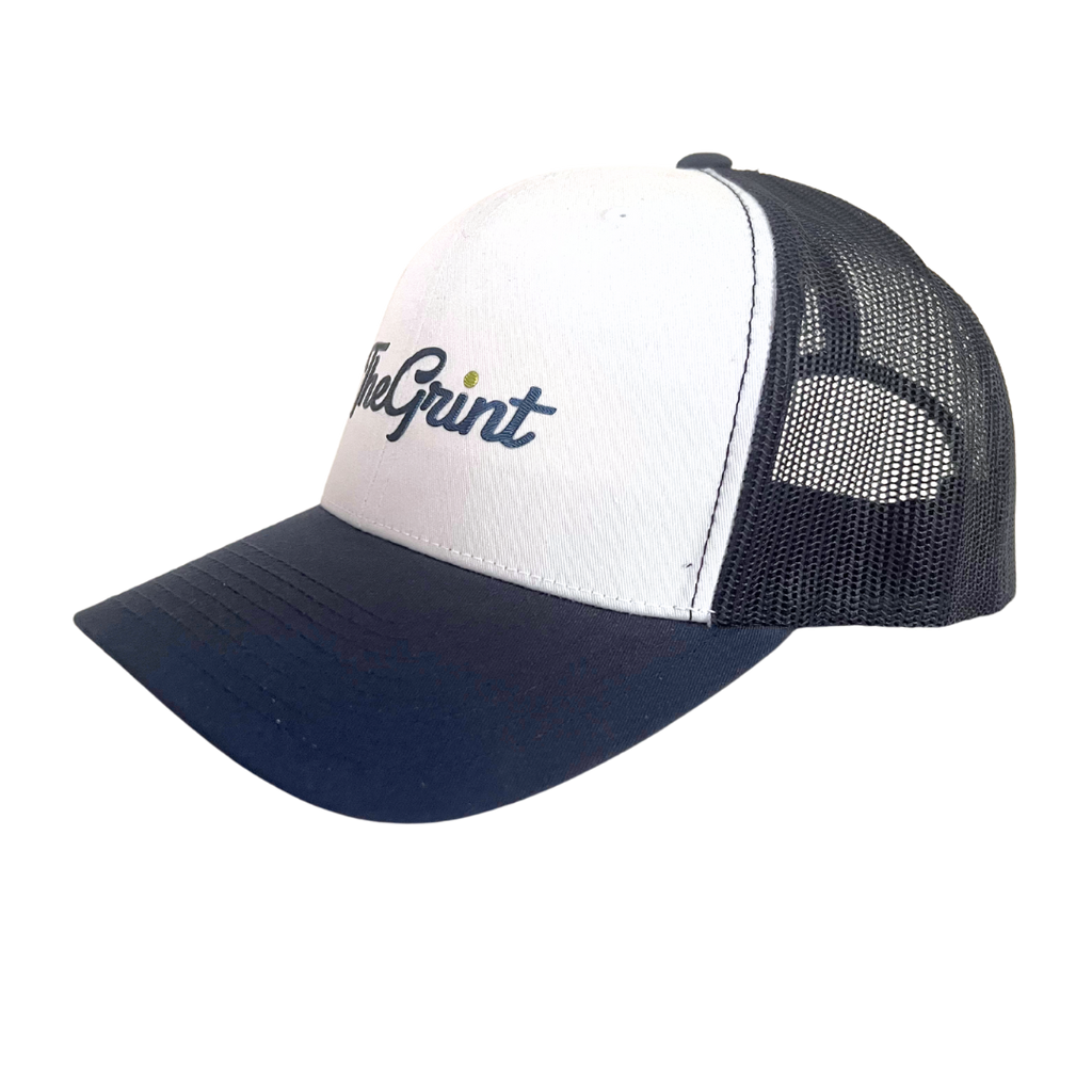 White and navy TheGrint script logo trucker snapback