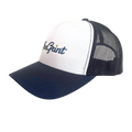 White and navy TheGrint script logo trucker snapback