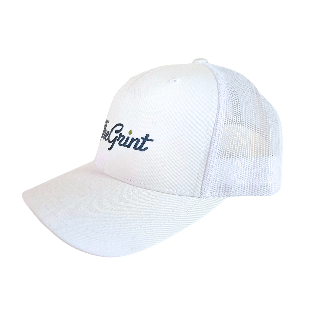 White TheGrint script logo trucker snapback