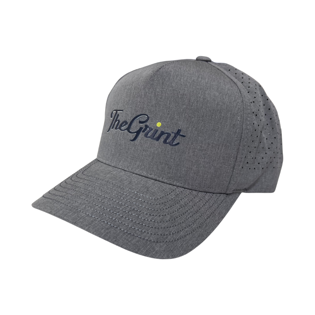 Gray TheGrint script logo performance hat with blue lettering