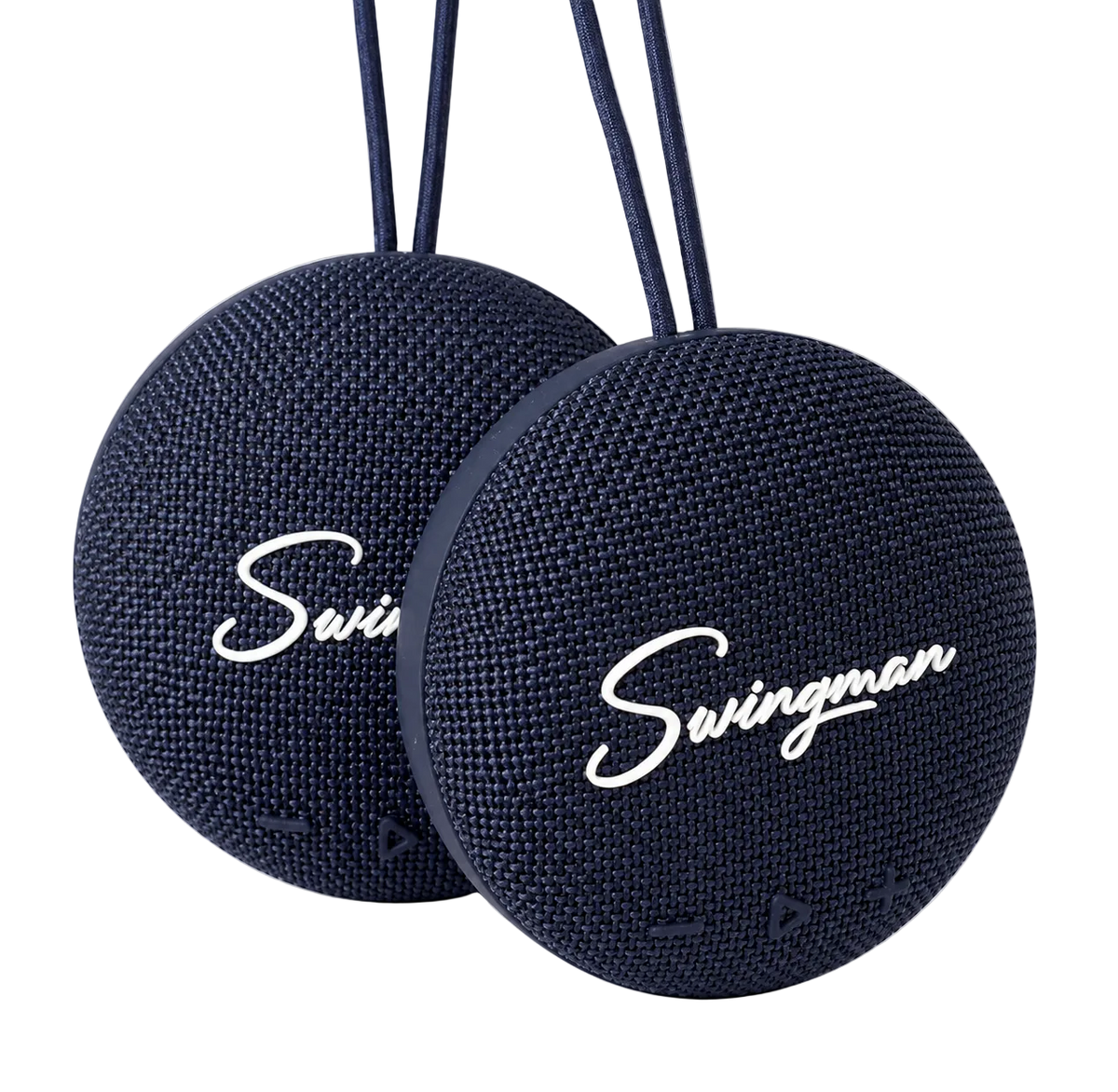 Two navy Swingman magnetic Bluetooth golf speakers