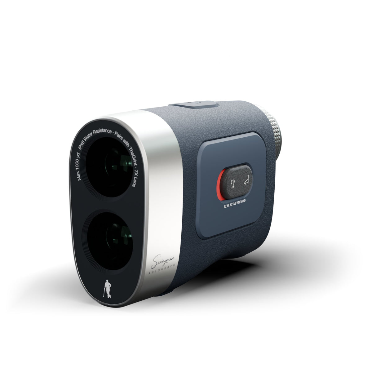 Swingman Autograph Rangefinder in navy and silver, three-quarter view showing both lenses and the slope switch