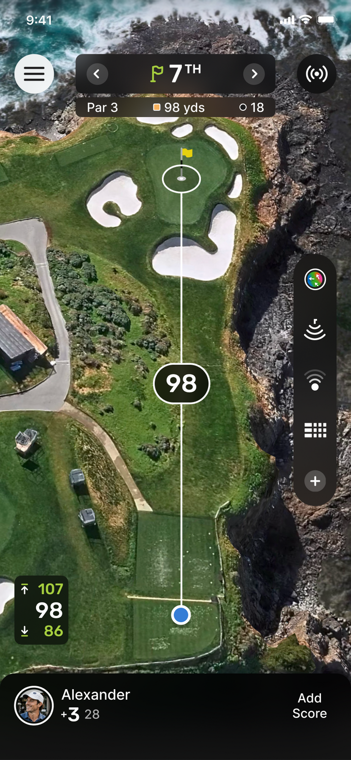 TheGrint app GPS on Pebble Beach hole 7 with front, center and back distances